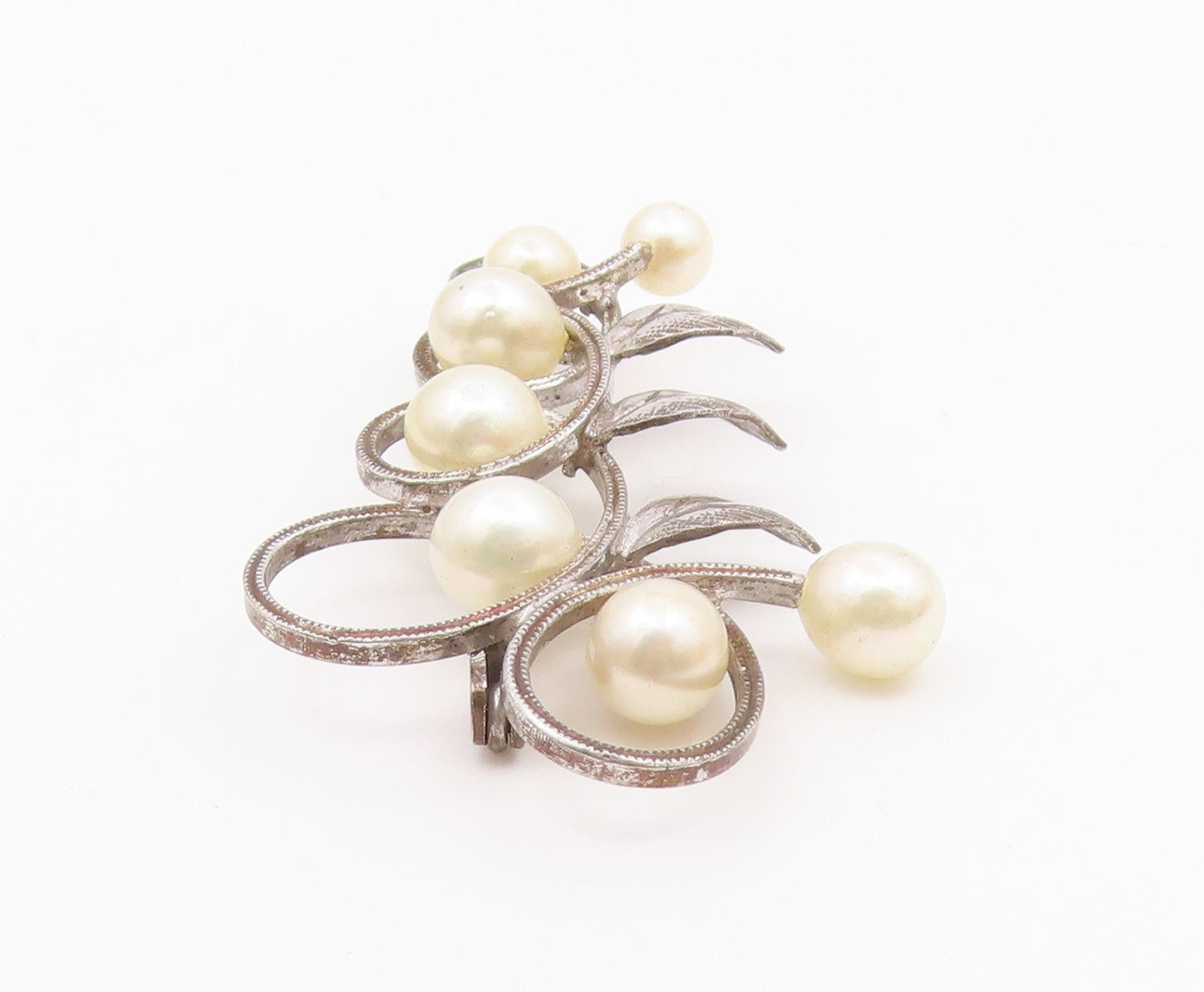 925 Sterling Silver  Vintage Shiny Pearls Floral Leaf Vine Brooch Pin  BP7835