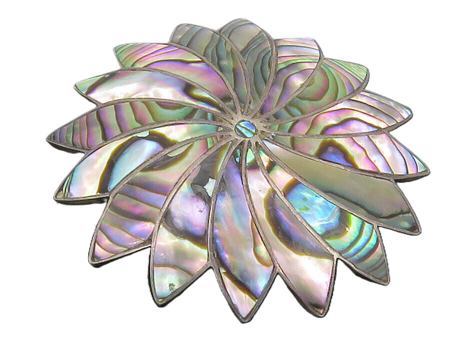ICM MEXICO 925 Silver  Vintage Abalone Shell Flower Motif Brooch Pin  BP4512