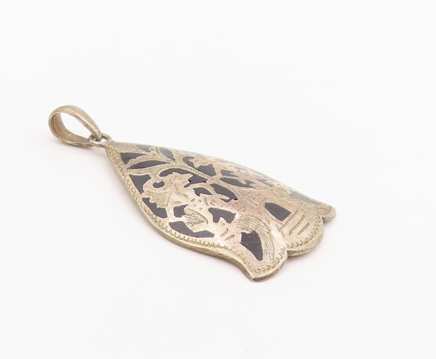 925 Sterling Silver Vintage Pendant Intricate Floral Leaf Motif Charm  PT25588