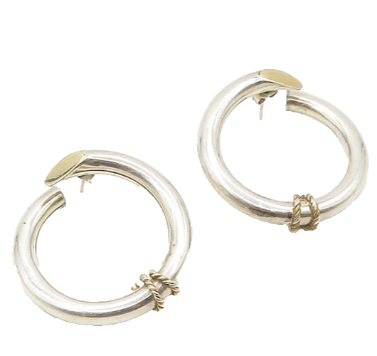 925 Silver & 14K GOLD  Vintage Shiny Two Tone Wrapped Hoop Earrings  EG9154