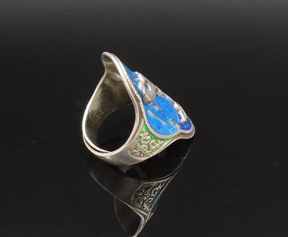 CHINESE 925 Silver  Vintage Enamel Carved Man With Robe Ring Sz 6  RG25816