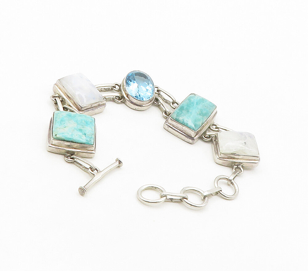 925 Sterling Silver  Shiny Turquoise Topaz & Moonstone Chain Bracelet  BT6487