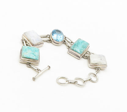925 Sterling Silver  Shiny Turquoise Topaz & Moonstone Chain Bracelet  BT6487
