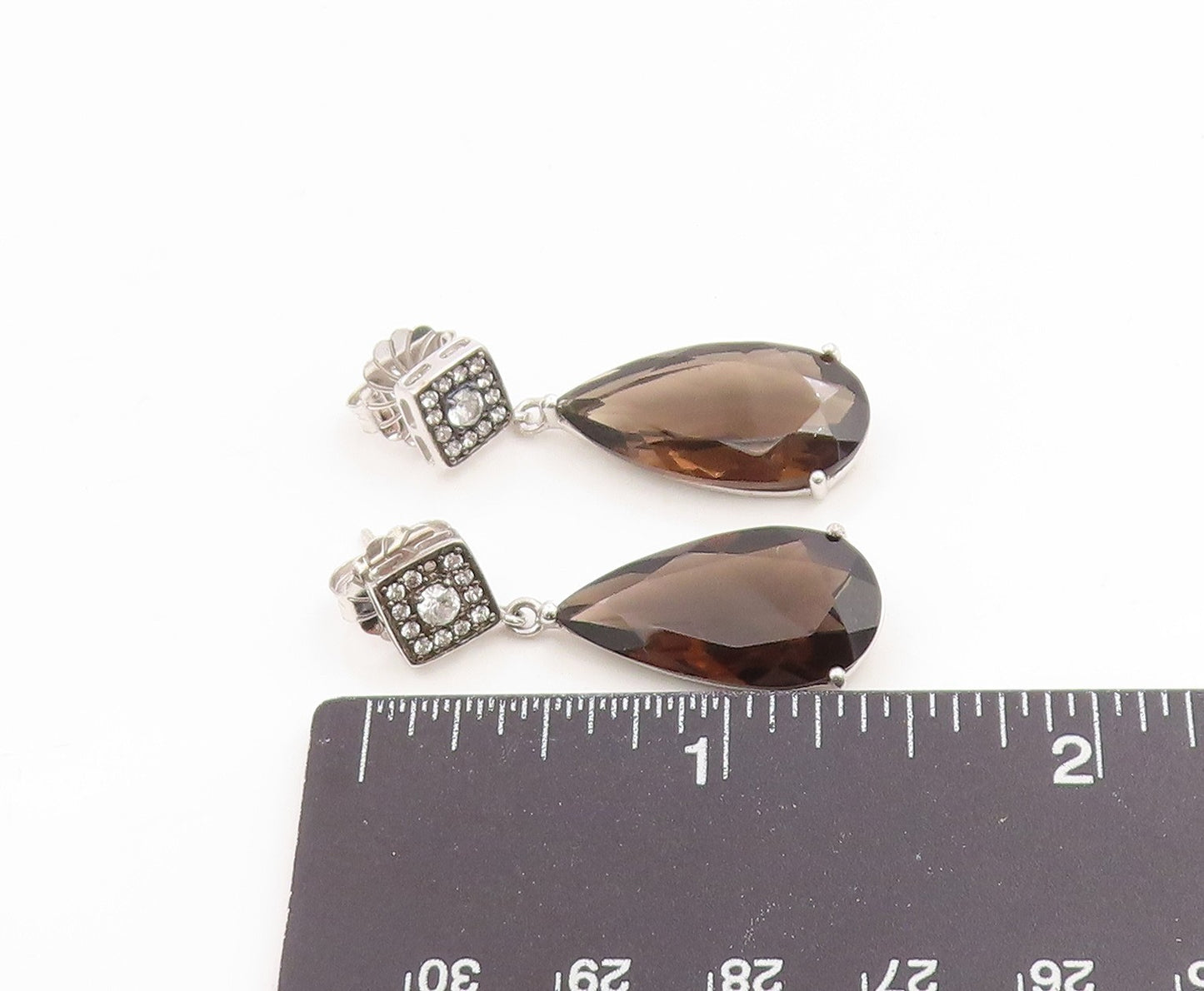 925 Sterling Silver Vintage Earrings Classic Smoky Quartz & CZ Teardrop  EG14350