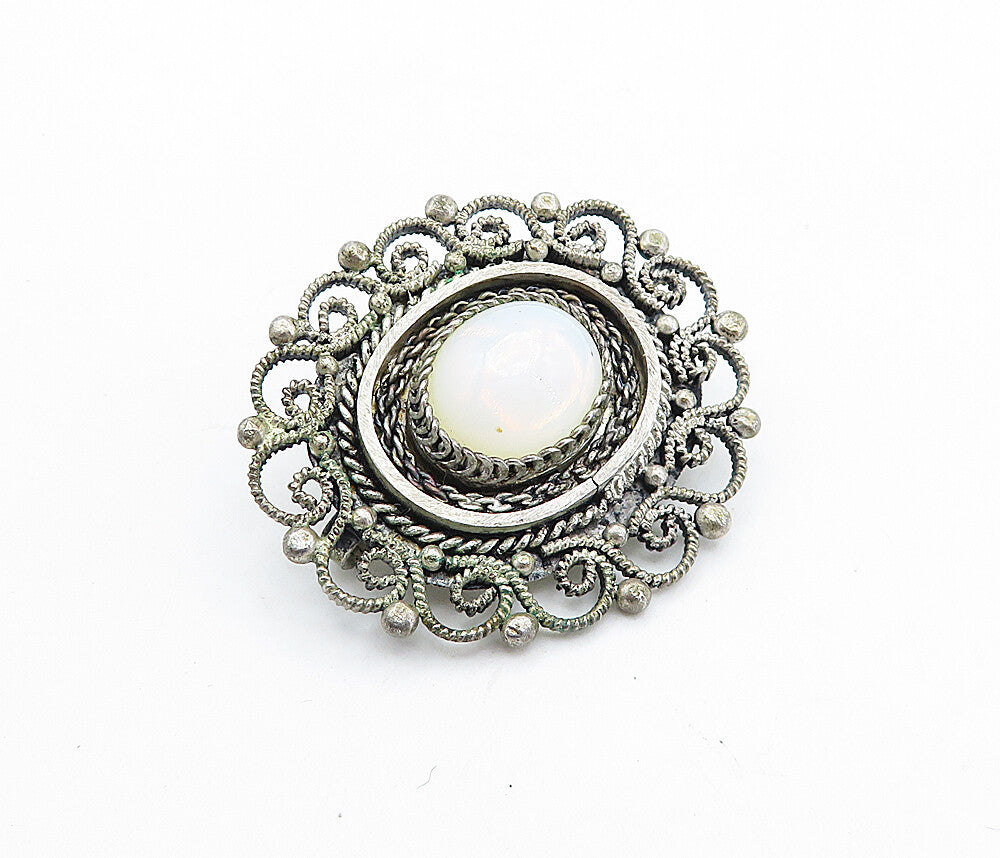 ISRAEL 925 Sterling Silver  Vintage Milky White Stone Swirl Brooch Pin  BP2651