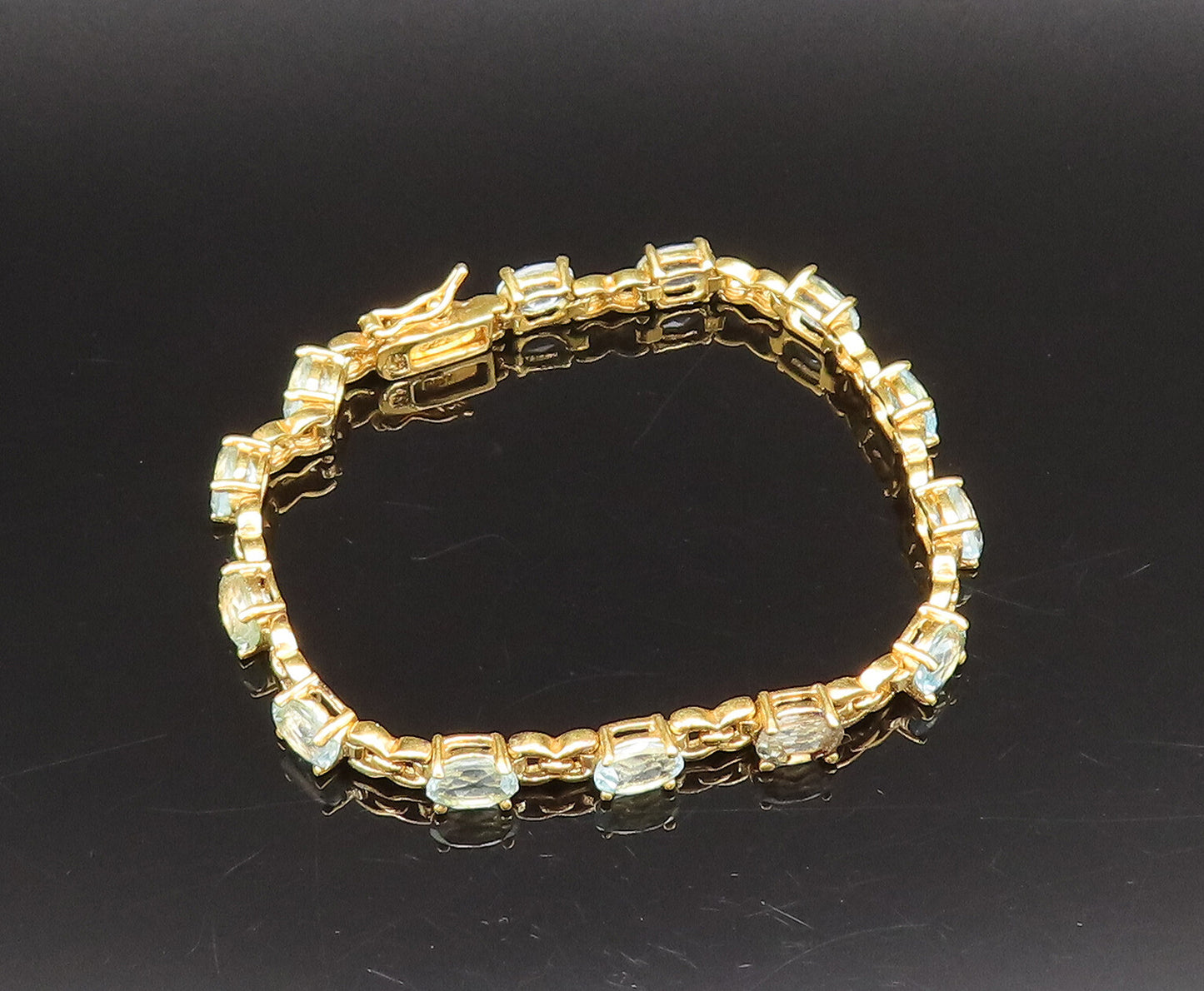 925 Sterling Silver Vintage Gold Plated Oval Blue Topaz Tennis Bracelet BT9769