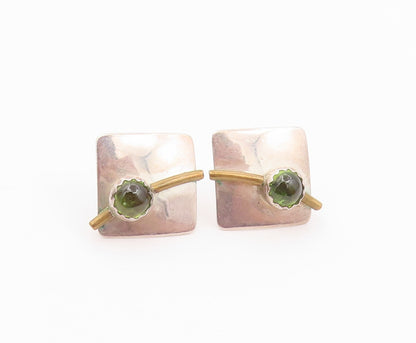 925 Sterling Silver Vintage Earrings Two Tone Peridot Geometric Studs  EG14503