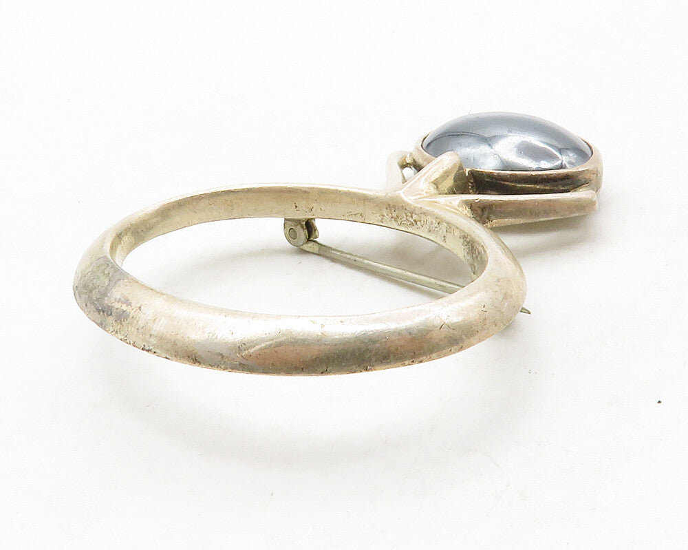 MEXICO 925 Silver  Vintage Cabochon Cut Hematite Open Oval Brooch Pin  BP4998