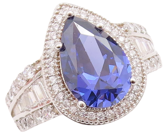 925 Sterling Silver Vintage Ring Drop Cut Sapphire Halo CZ Inlay  Sz 7  RG30944