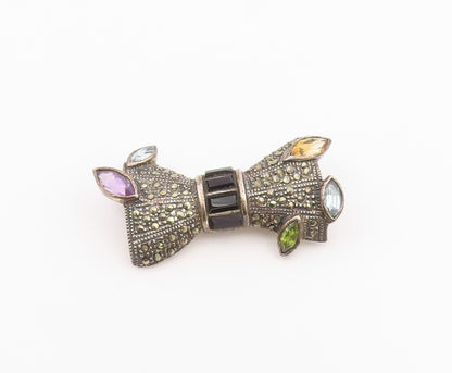 925 Sterling Silver Vintage Brooch Pin Classic Multi Gemstone Ribbon Bow BP12584