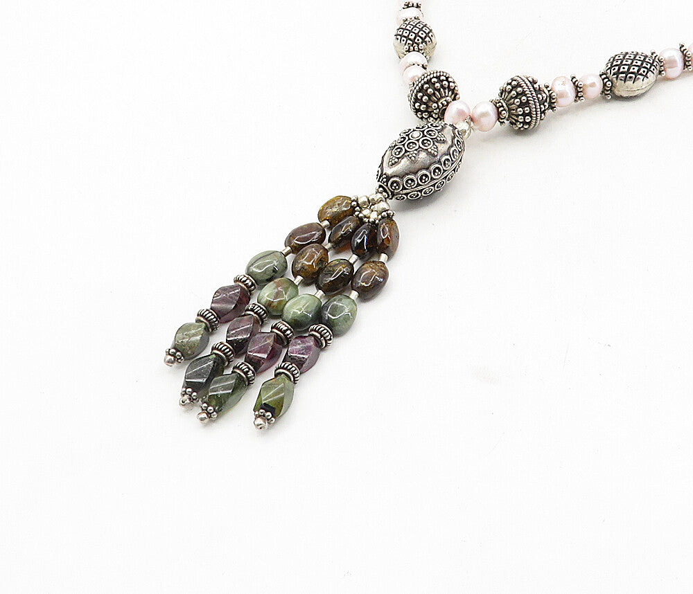 925 Sterling Silver  Vintage Pearls Agate & Amethyst Chain Necklace  NE1655