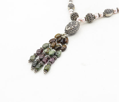925 Sterling Silver  Vintage Pearls Agate & Amethyst Chain Necklace  NE1655