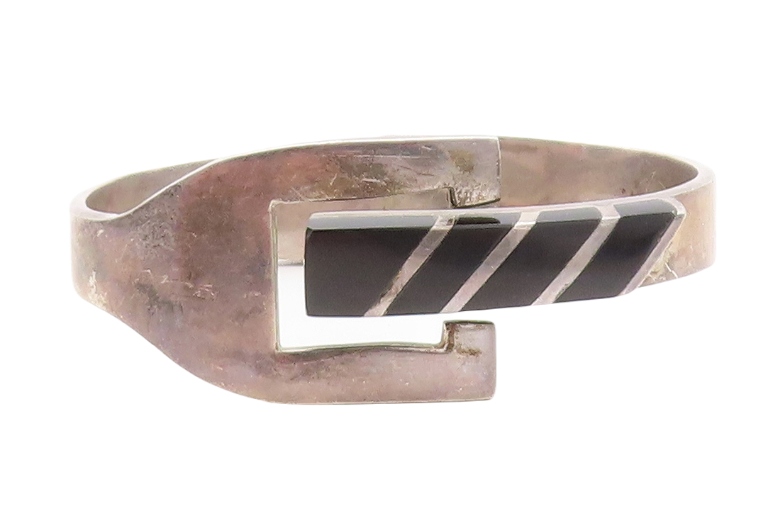 MEXICO 925 Silver  Vintage Inlaid Black Onyx Buckle Bangle Bracelet  BT2022