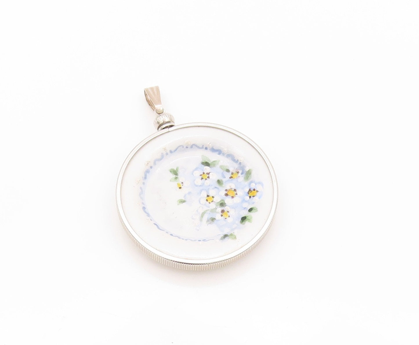 925 Sterling Silver Vintage Pendant SUE POWELL Floral Enameled Plate  PT24041