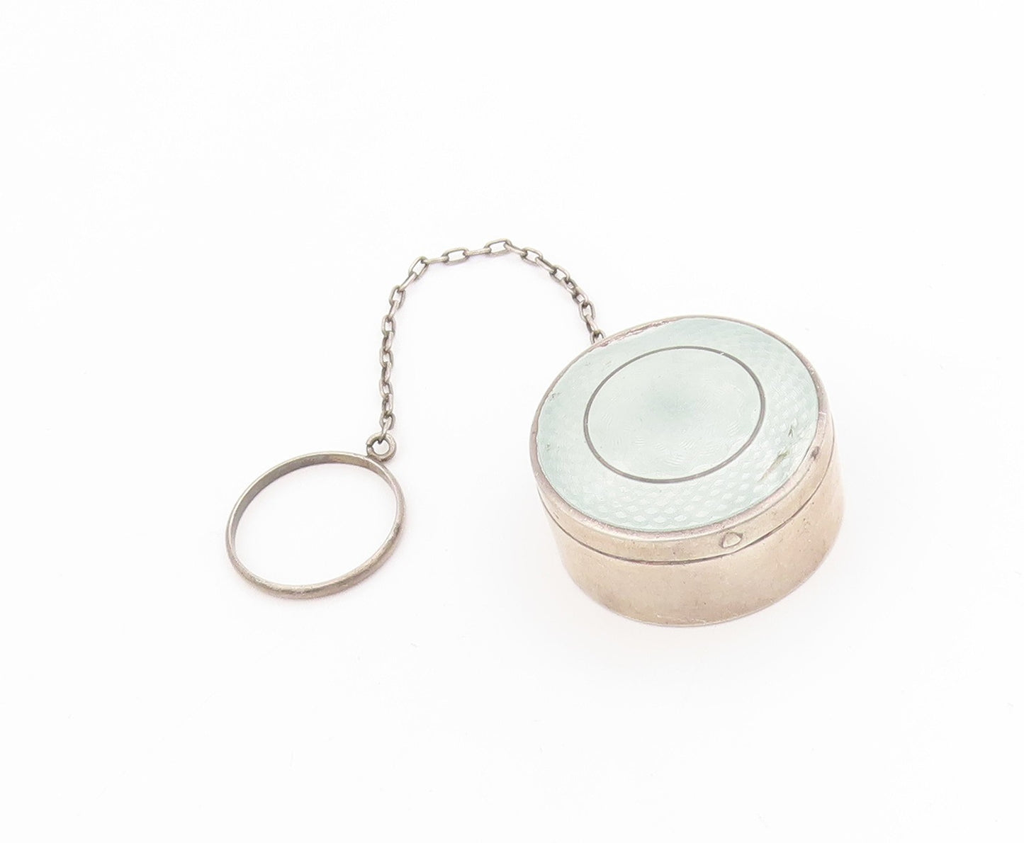 925 Sterling Silver Vintage Pill Box Floral Enameled With Chain OPENS  TR4144