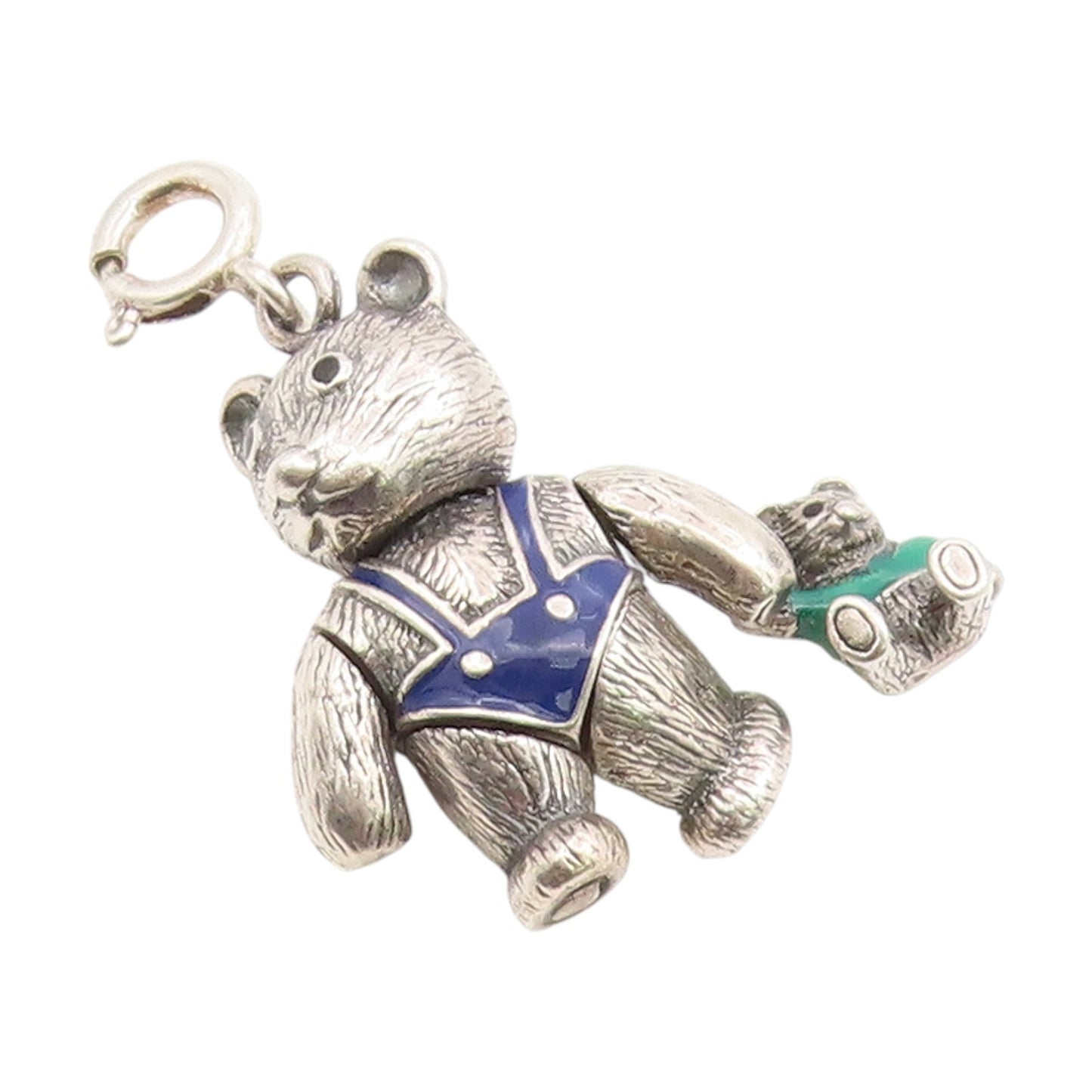 925 Sterling Silver Vintage Pendant Enamel Teddy Bear With Teddy MOVES  PT25954