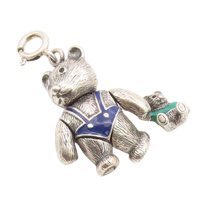 925 Sterling Silver Vintage Pendant Enamel Teddy Bear With Teddy MOVES  PT25954