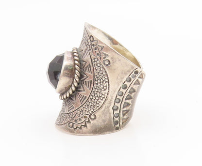 925 Sterling Silver Vintage Ring Faceted Black Onyx Etched Band  Sz 7.5  RG35186