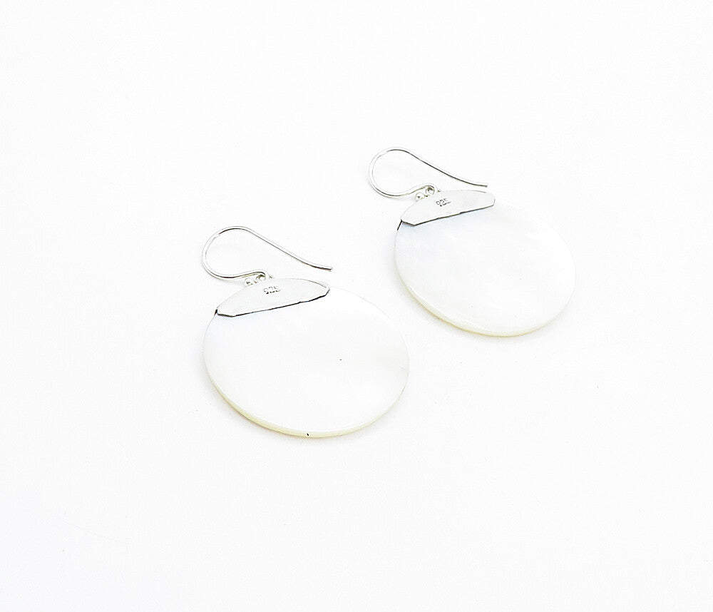 925 Sterling Silver  Mother Of Pearl Floral Carved Dangle Earrings  EG3085