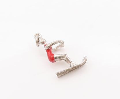 925 Sterling Silver Vintage Pendant Solid 3D Carved Enameled Skiing Girl PT23044