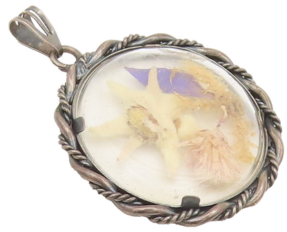 925 Sterling Silver Vintage Pendant EUROPE Antique Carved Dried Flowers  PT22494