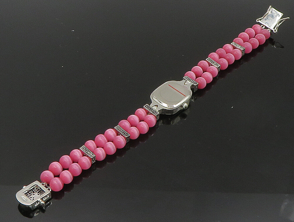 925 Sterling Silver  Beaded Cat's Eye & Marcasite Watch Bracelet  BT1022