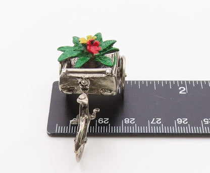 925 Sterling Silver  Vintage Enamel Flowers on Bicycle Wagon Trinket  TR2746