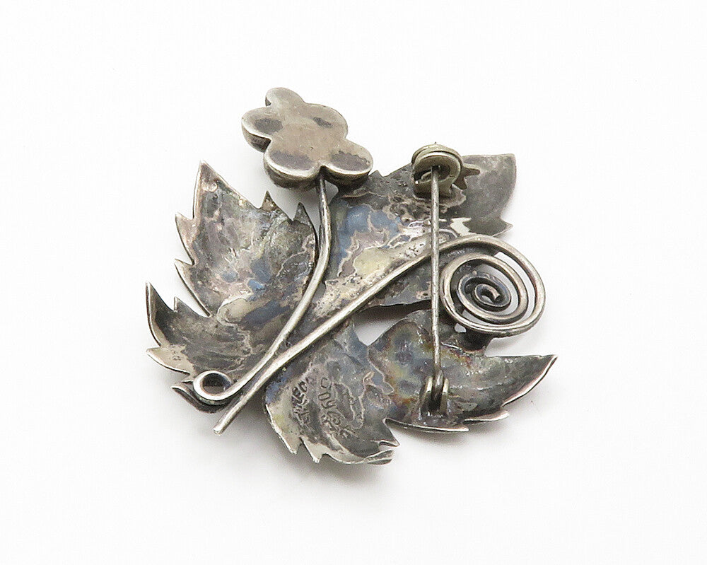 MEXICO 925 Silver  Vintage Dark Tone Grape Leaf Motif Brooch Pin  BP5520