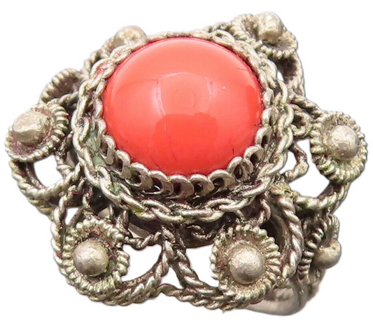 925 Sterling Silver  Vintage 3D Beaded & Rope Coral Flower Ring Sz 5.5 RG26476