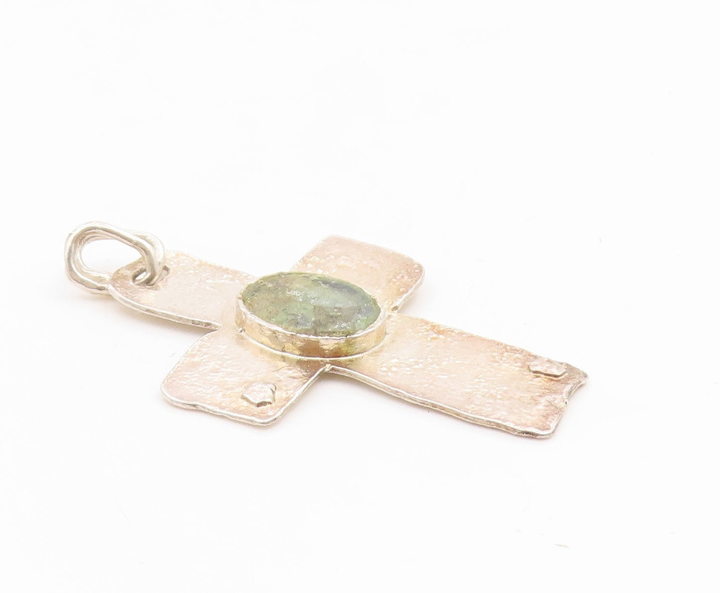 925 Sterling Silver Vintage Pendant ISRAEL Roman Glass Religious Cross  PT25903