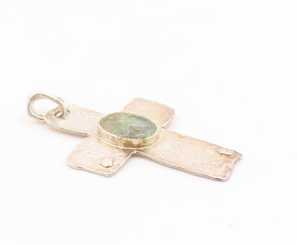 925 Sterling Silver Vintage Pendant ISRAEL Roman Glass Religious Cross  PT25903