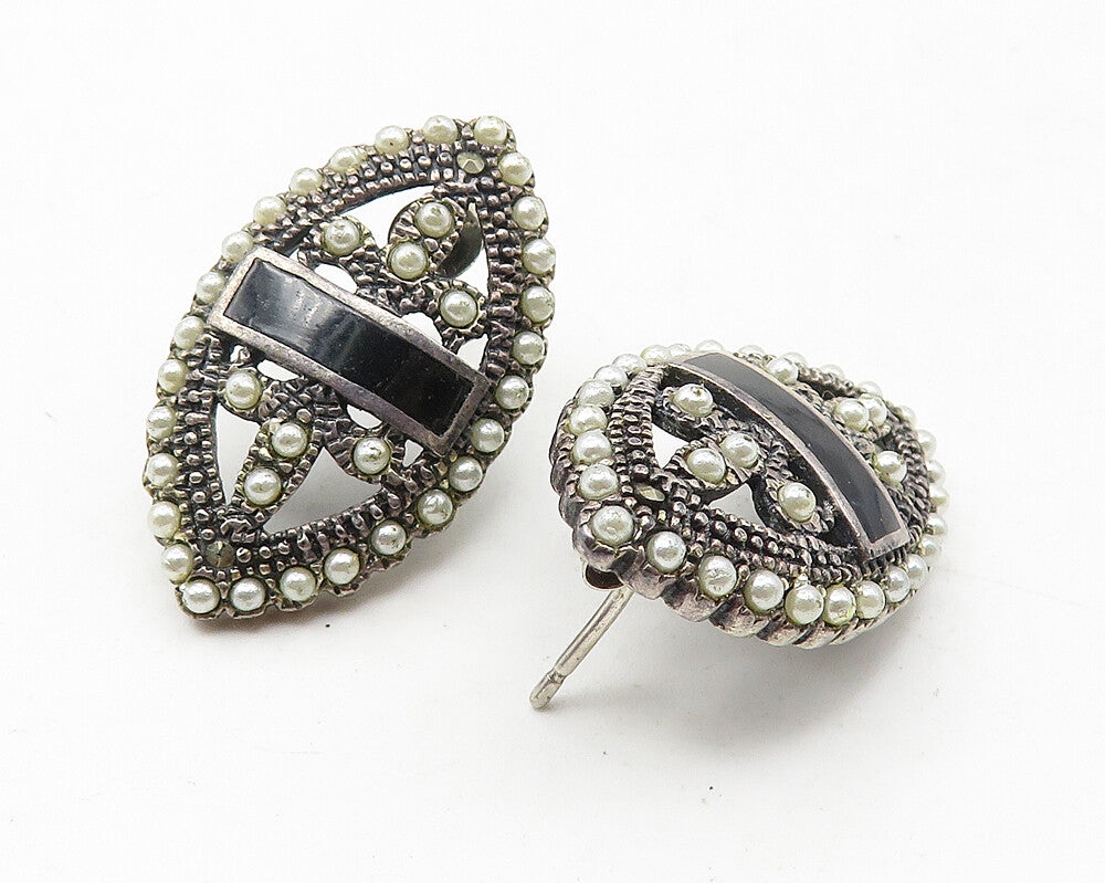 925 Sterling Silver  Vintage Petite Pearls & Black Onyx Drop Earrings  EG6298