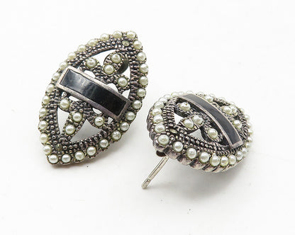 925 Sterling Silver  Vintage Petite Pearls & Black Onyx Drop Earrings  EG6298