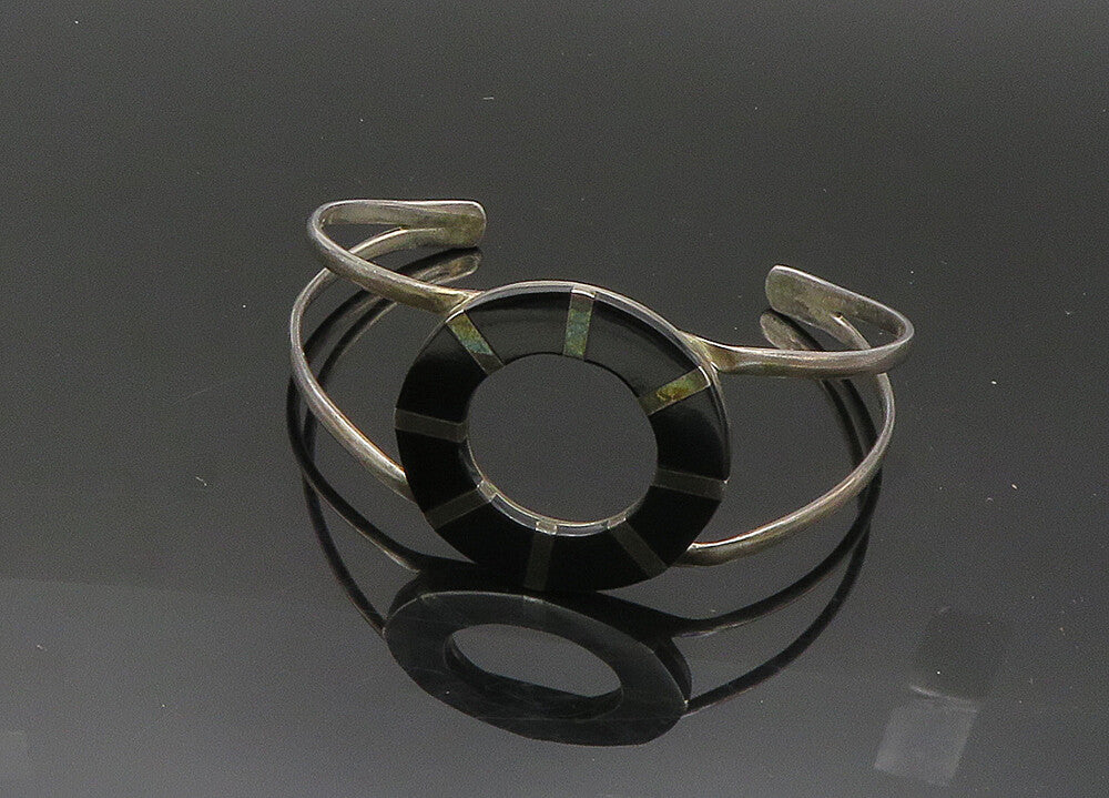 925 Sterling Silver  Vintage Black Onyx Open Circle Cuff Bracelet  BT8258