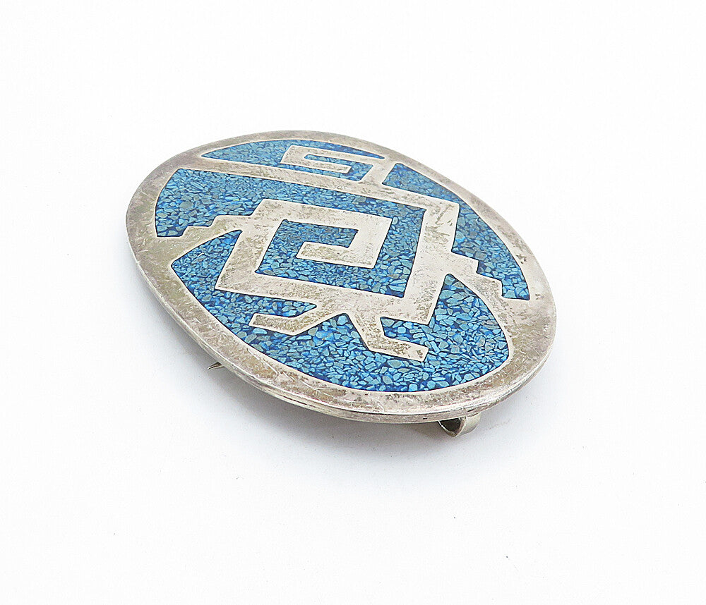 MEXICO 925 Sterling Silver  Vintage Crushed Blue Jasper Brooch Pin  BP2507