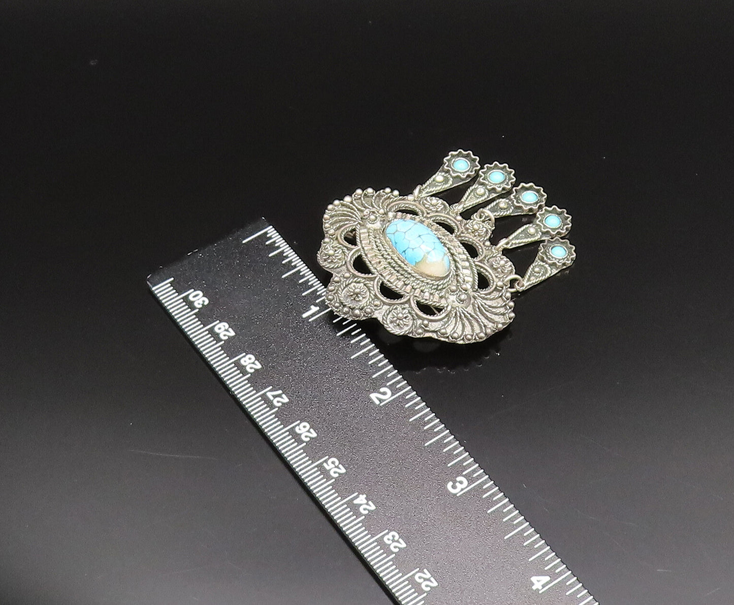 MIDDLE EAST 925 Silver  Vintage Beads & Rope Turquoise Brooch Pin  BP9609