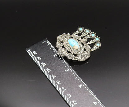 MIDDLE EAST 925 Silver  Vintage Beads & Rope Turquoise Brooch Pin  BP9609