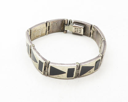 MEXICO 925 Sterling Silver  Vintage Inlaid Black Onyx Chain Bracelet  BT4456