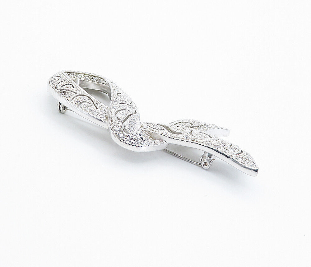 925 Sterling Silver  Vintage Shiny Cubic Zirconia Ribbon Brooch Pin  BP2964