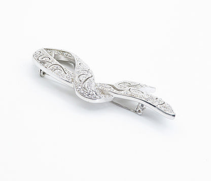 925 Sterling Silver  Vintage Shiny Cubic Zirconia Ribbon Brooch Pin  BP2964