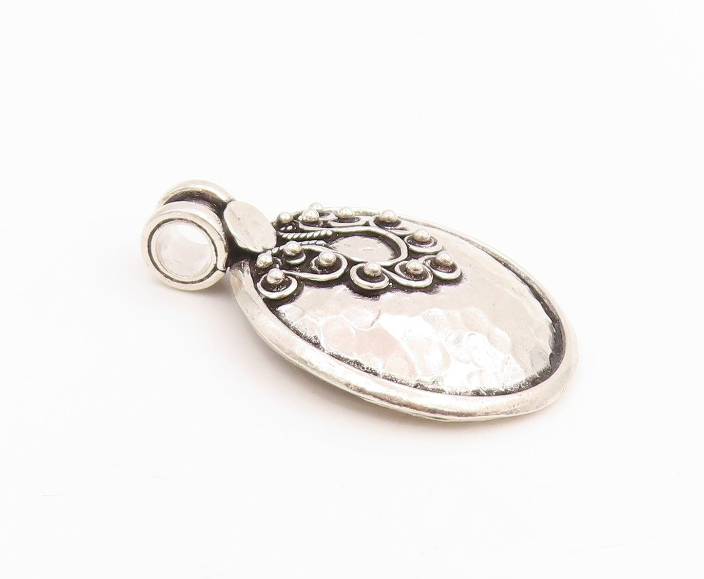 925 Sterling Silver Vintage Pendant Hammered Beaded Scrollwork Medal  PT25768