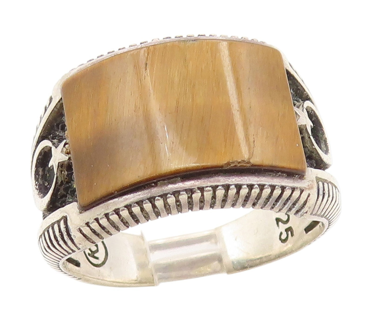 925 Sterling Silver Vintage Ring Tiger's Eye Carved Moon & Star  Sz 11  RG34544