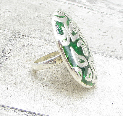 925 Sterling Silver  Carved Floral Over Green Enamel Cocktail Ring Sz 7 RG1425