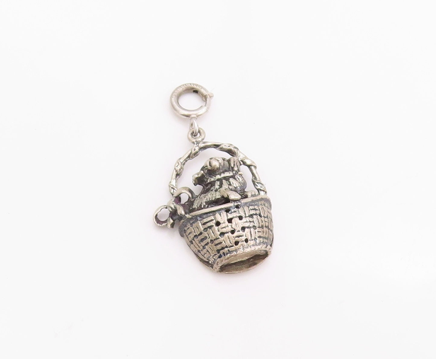 925 Sterling Silver Vintage Pendant Etched Bunny In Easter Basket Charm  PT24788