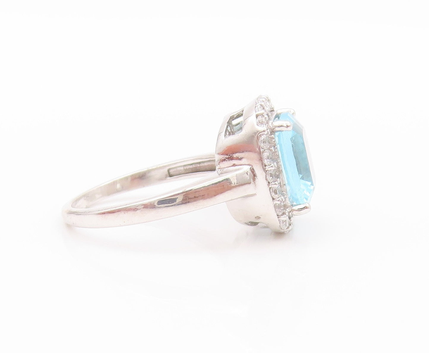 925 Sterling Silver Vintage Ring Square Cut Blue Topaz Halo CZ  Sz 7.5  RG32490