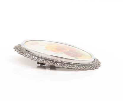 925 Sterling Silver Vintage Brooch Pin ENGLAND Flowers Enameled Carved BP11330