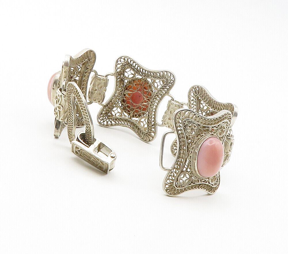 925 Sterling Silver Vintage Cabochon Cut Rhodochrosite Chain Bracelet BT5977