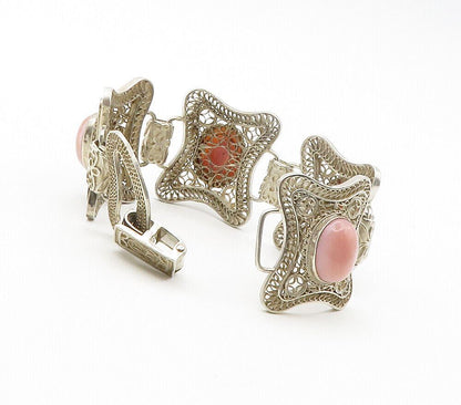 925 Sterling Silver Vintage Cabochon Cut Rhodochrosite Chain Bracelet BT5977