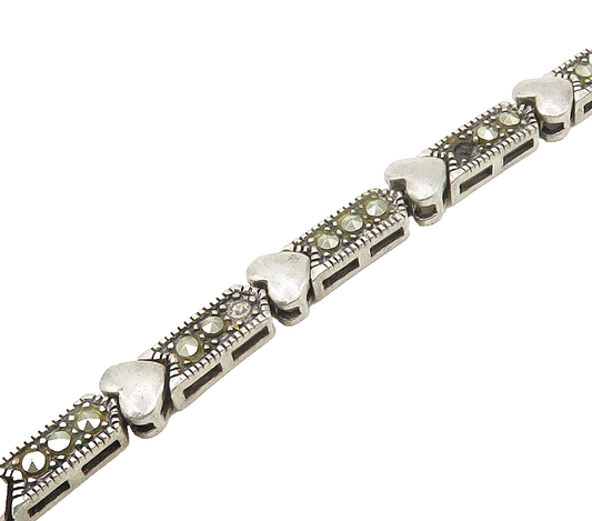 925 Sterling Silver  Vintage Marcasite Love Hearts Chain Bracelet  BT6125