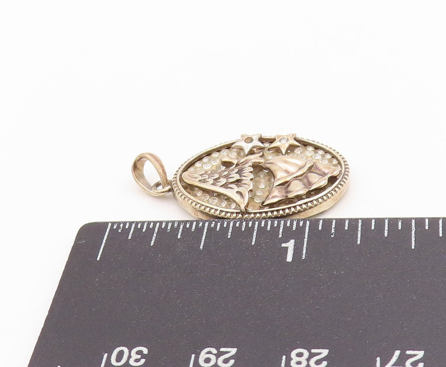 925 Sterling Silver Vintage Pendant CZ Inlay Flying Angel Carved  PT24416